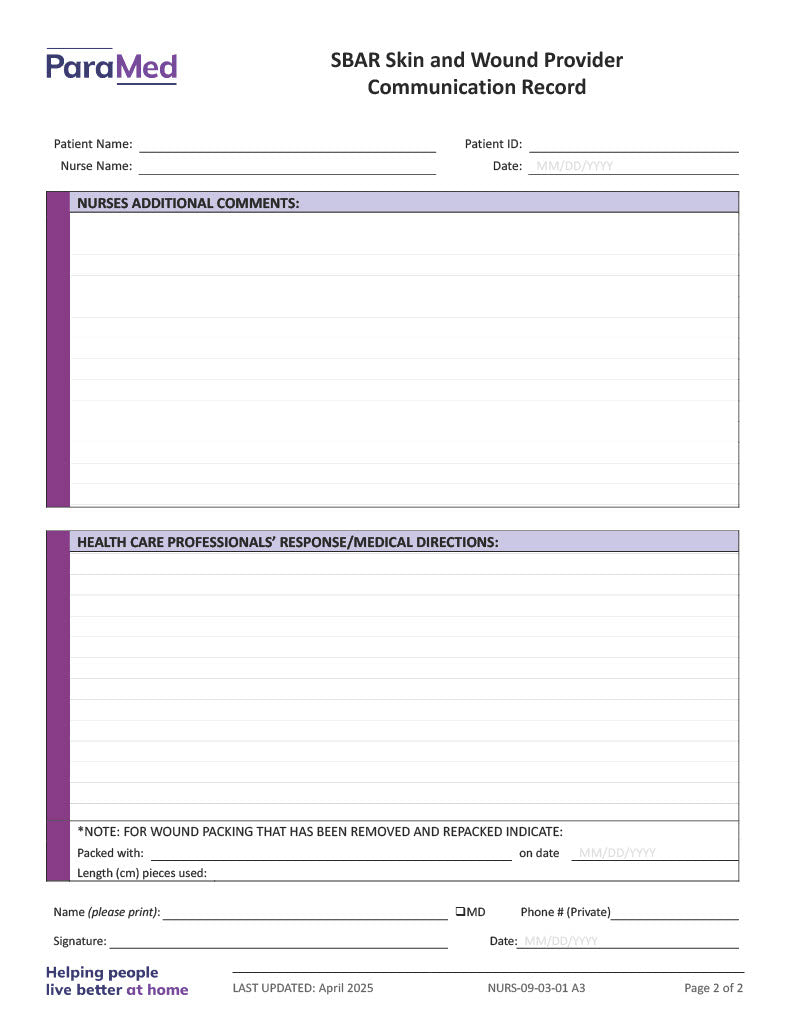 SBAR Skin and Wound Provider Communication Record