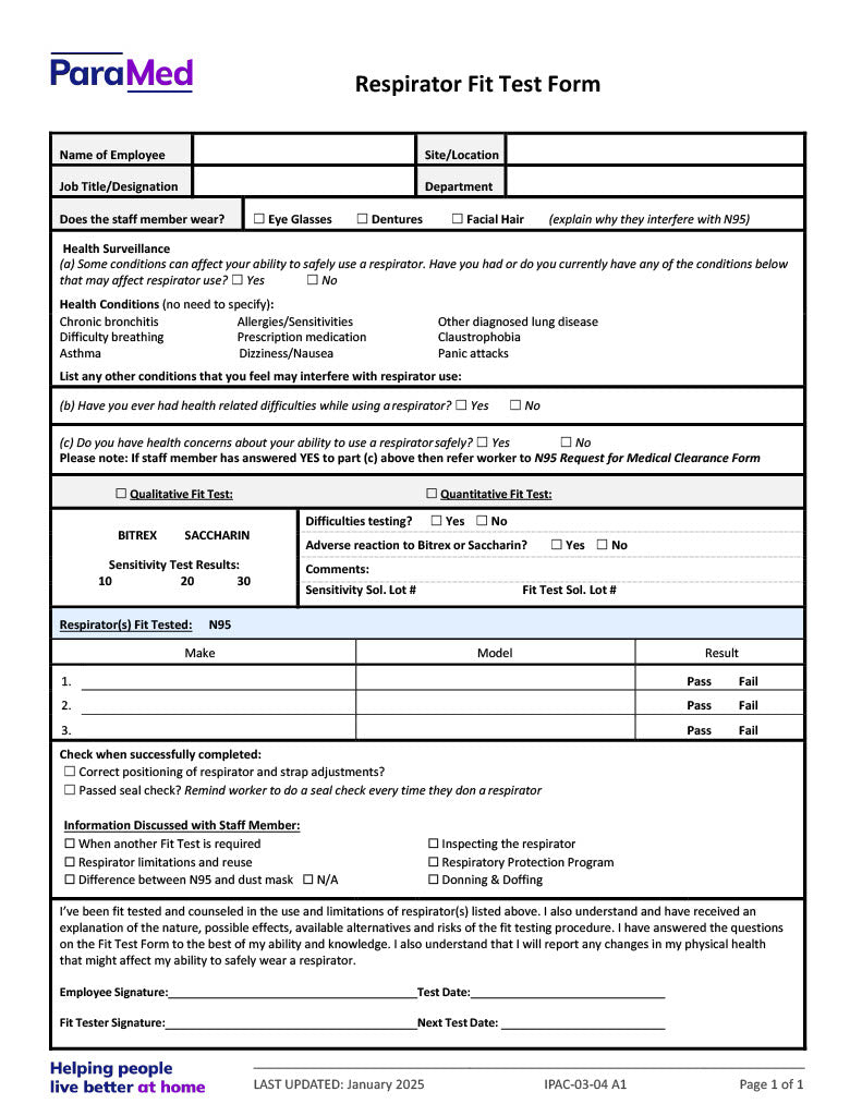 Respirator Fit Test Form