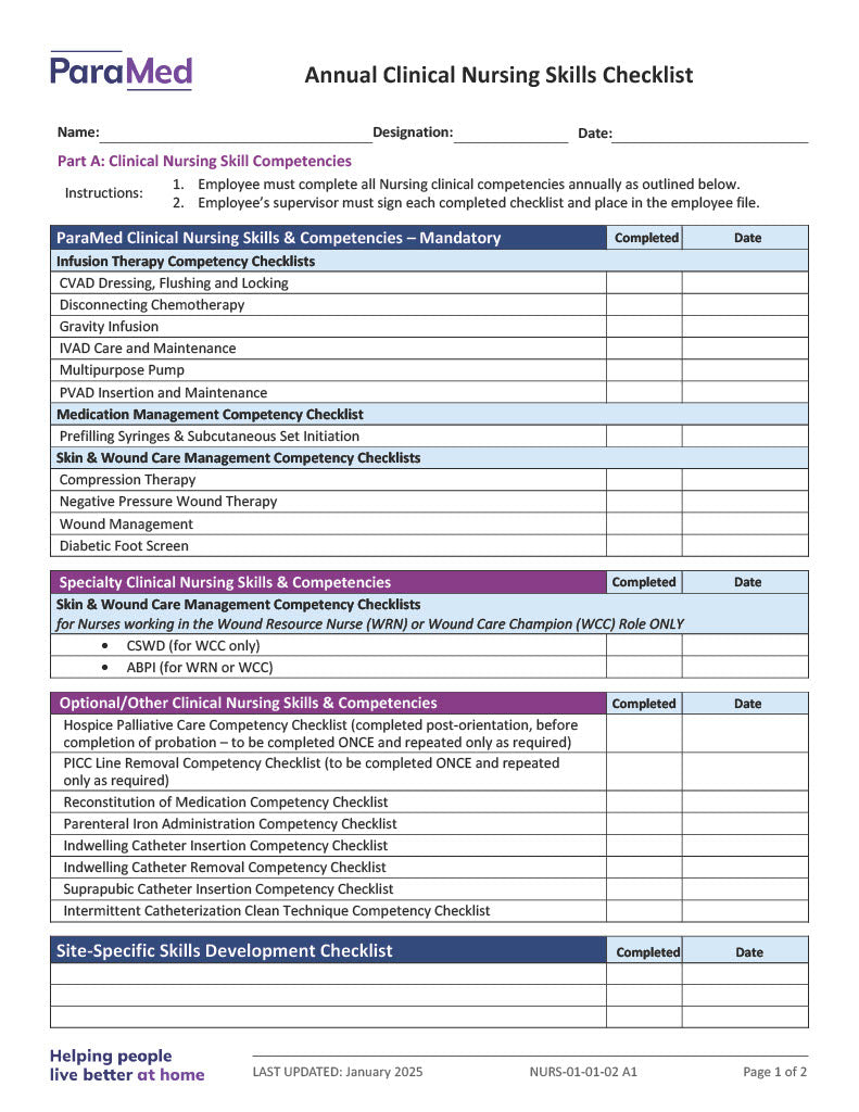Annual Clinical Nursing Skills Checklist