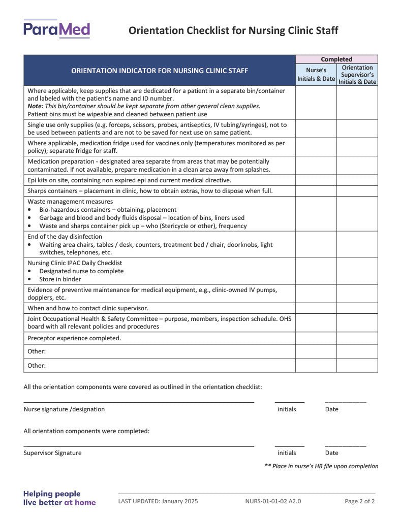 Orientation Checklist for Nursing Clinic Staff