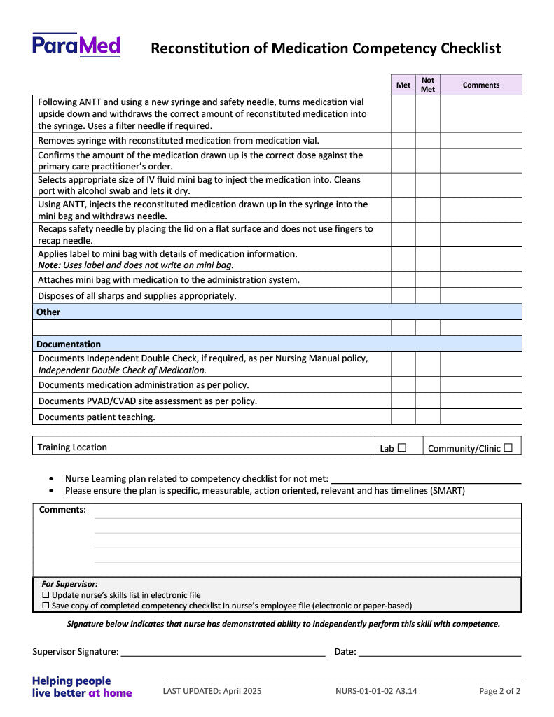 Reconstitution of Medication Competency Checklist