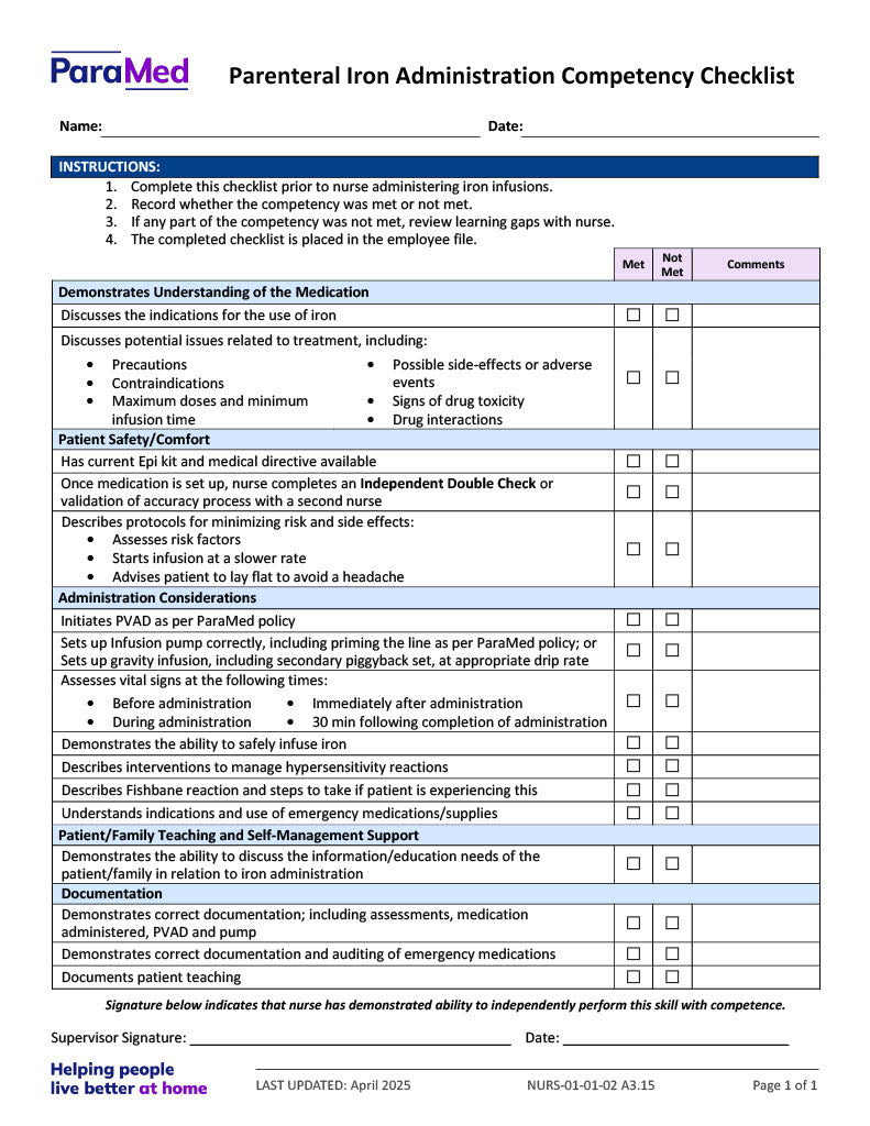 Parenteral Iron Administration Competency Checklist