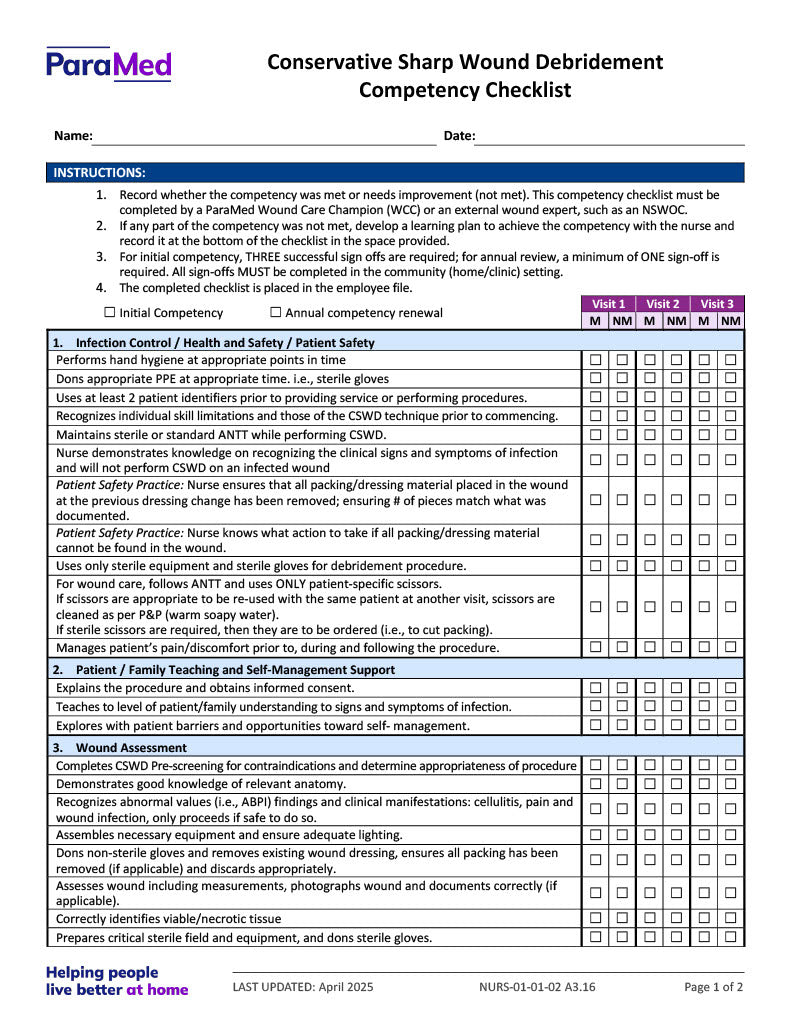 Conservative Sharp Wound Debridement (CSWD) Competency Checklist