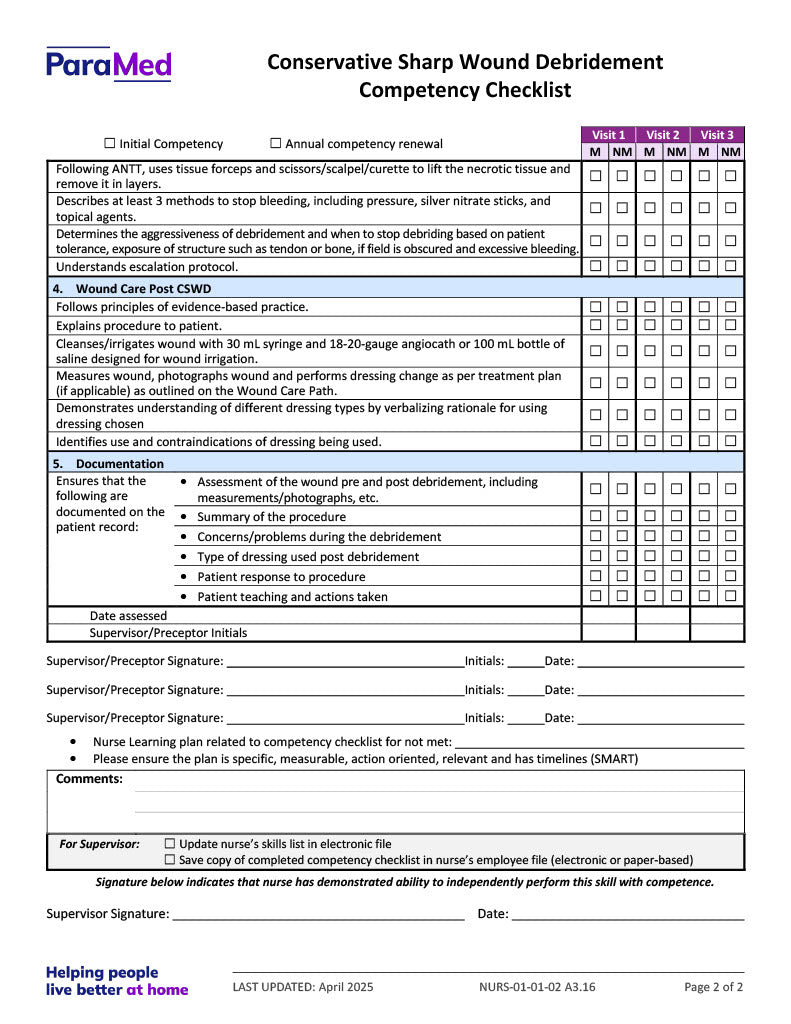 Conservative Sharp Wound Debridement (CSWD) Competency Checklist