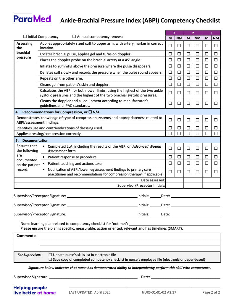 Ankle-Brachial Pressure Index (ABPI) Competency Checklist