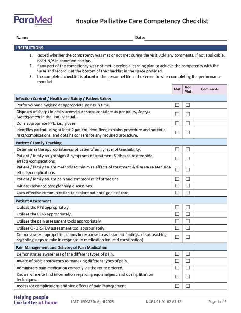 Hospice Palliative Care Competency Checklist