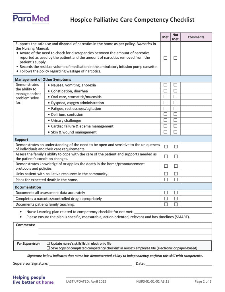 Hospice Palliative Care Competency Checklist