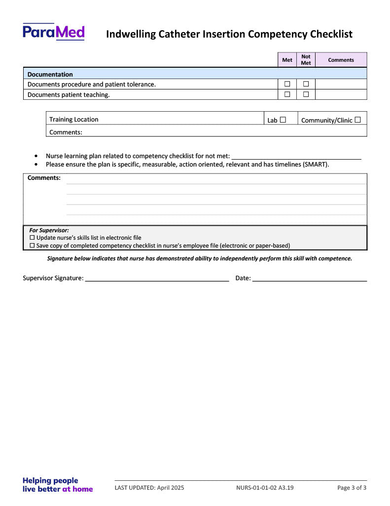 Indwelling Catheter Insertion Competency Checklist