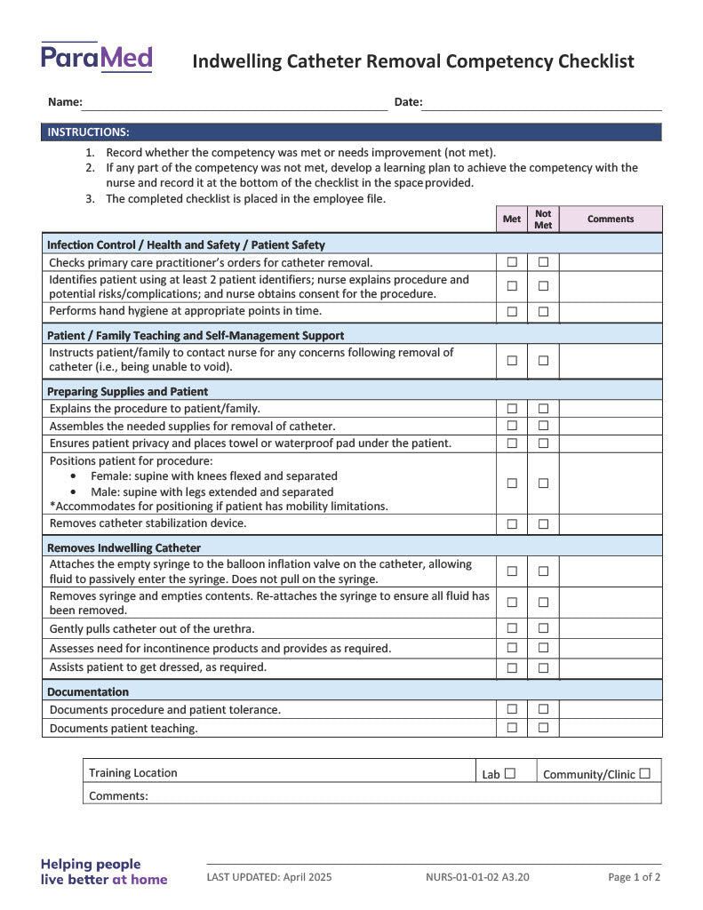 Indwelling Catheter Removal Competency Checklist