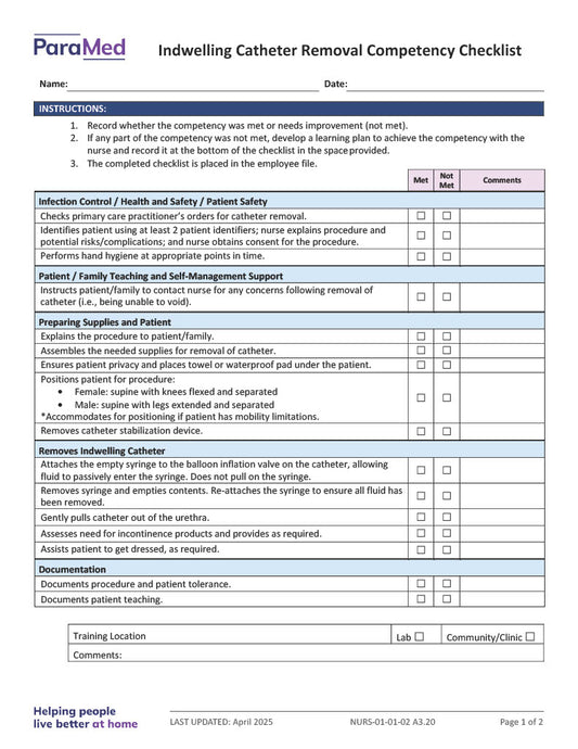 Indwelling Catheter Removal Competency Checklist