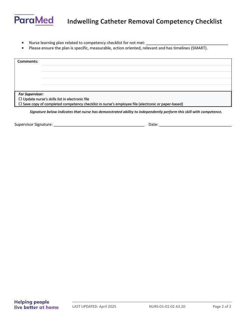 Indwelling Catheter Removal Competency Checklist