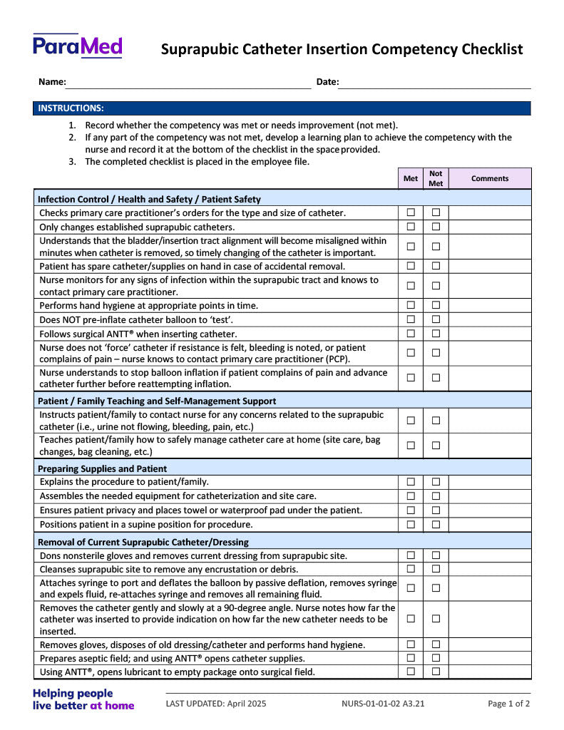 Suprapubic Catheter Insertion Competency Checklist