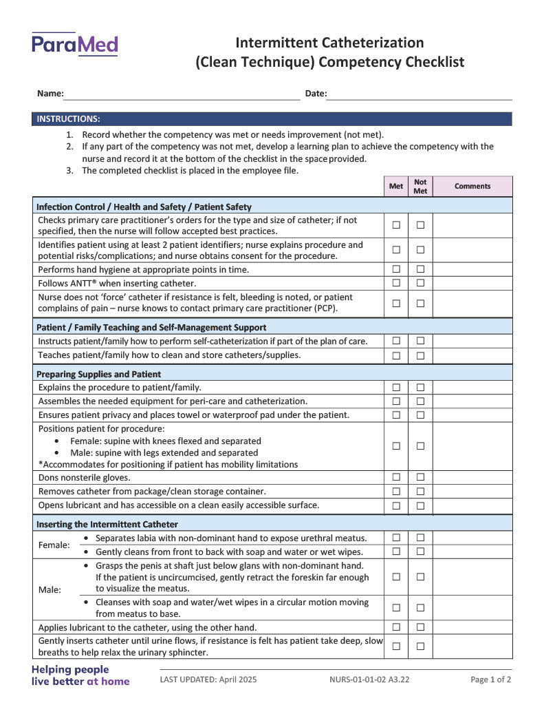 Intermittent Catheterization Clean Technique Competency Checklist