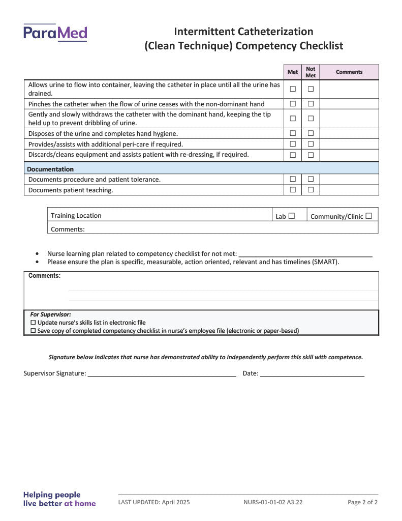 Intermittent Catheterization Clean Technique Competency Checklist
