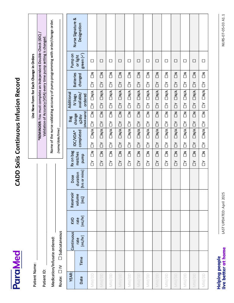 CADD Solis Continuous Infusion Record