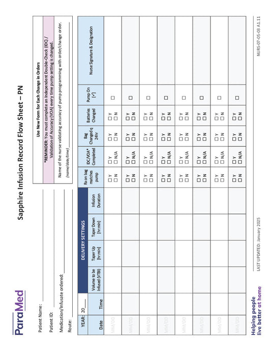 Sapphire Infusion Record Flow Sheet - PN
