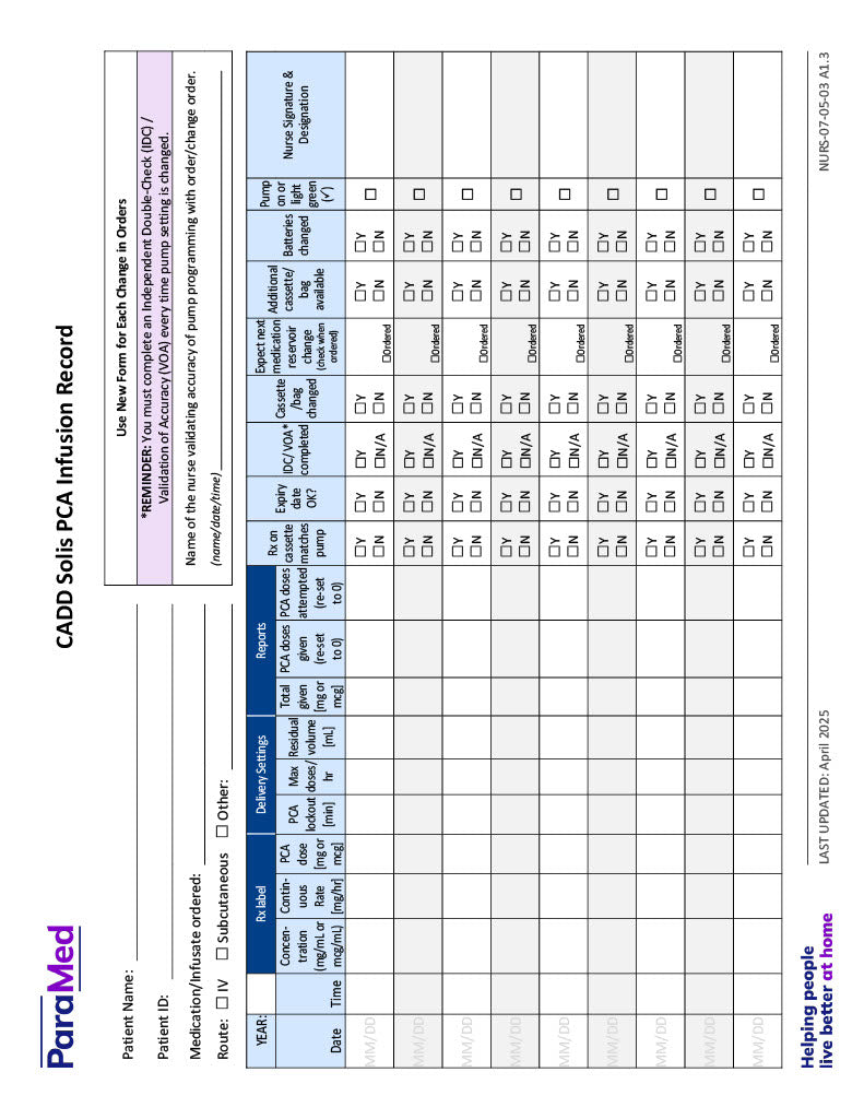 CADD Solis PCA Infusion Record