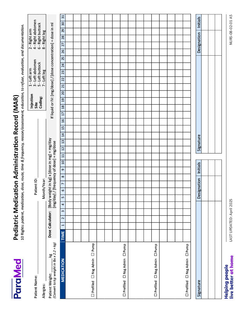 Pediatric Medication Administration Record (MAR)