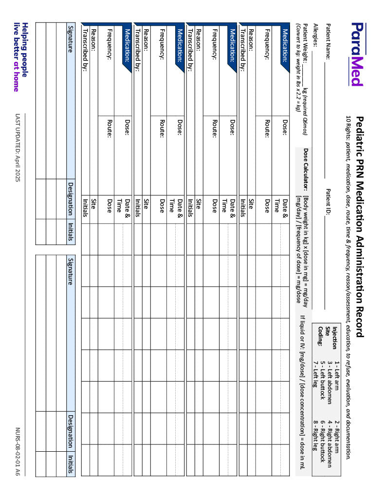 Pediatric PRN Medication Administration Record