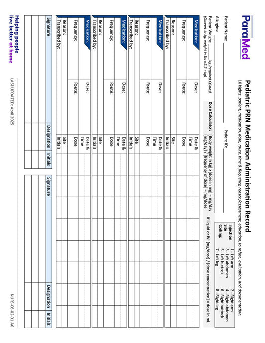Pediatric PRN Medication Administration Record