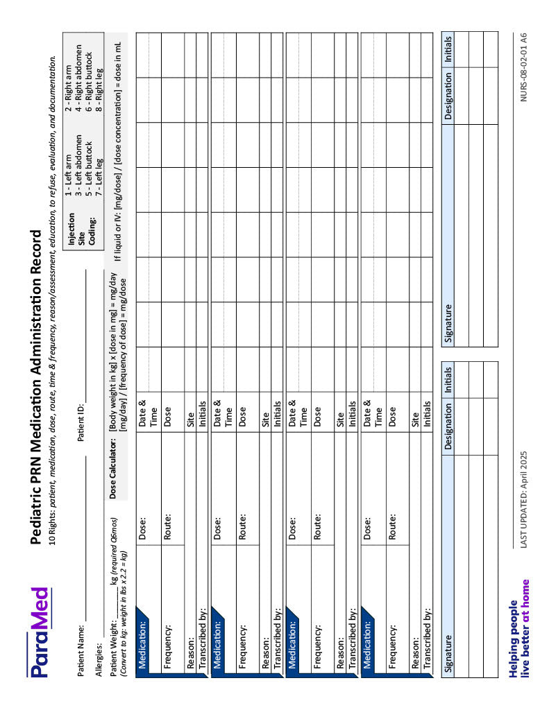 Pediatric PRN Medication Administration Record