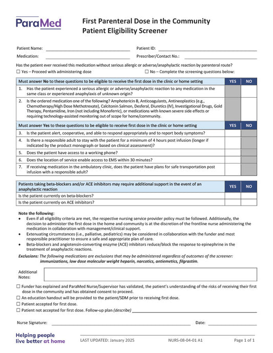 First Parenteral Dose in the Community Patient Eligibility Screener