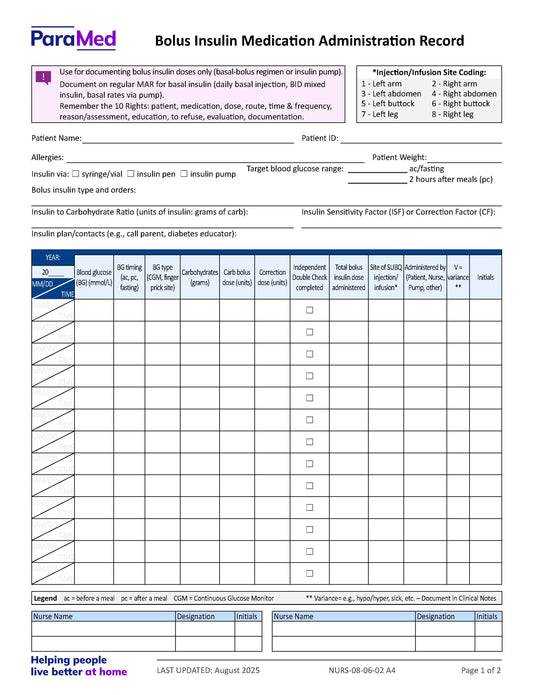 Bolus Insulin Medication Administration Record