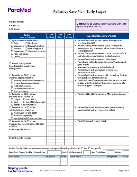 Palliative Care and Teaching Progress Plan - Early Stage
