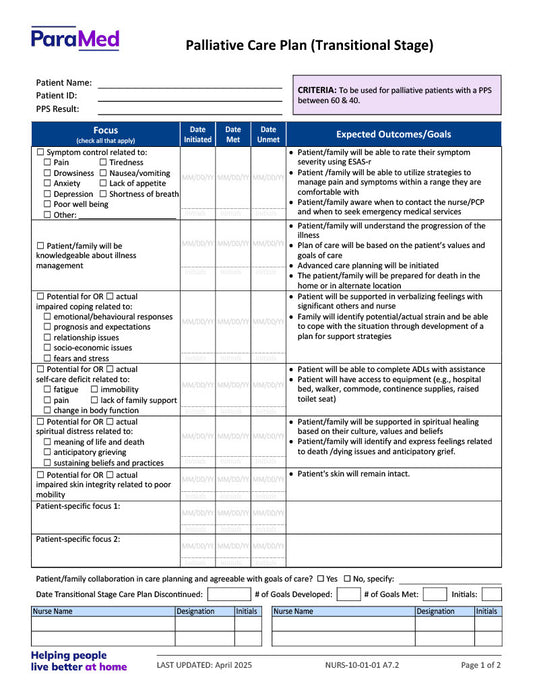 Palliative Care and Teaching Progress Plan - Transitional Stage