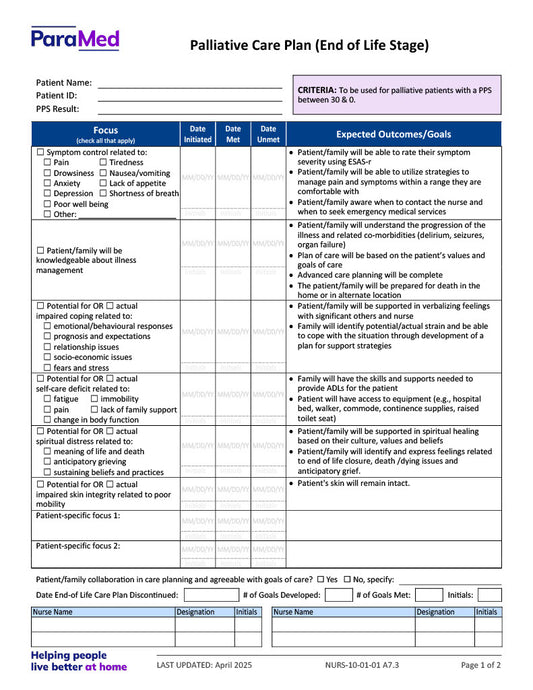 Palliative Care and Teaching Progress Plan - End of Life Stage