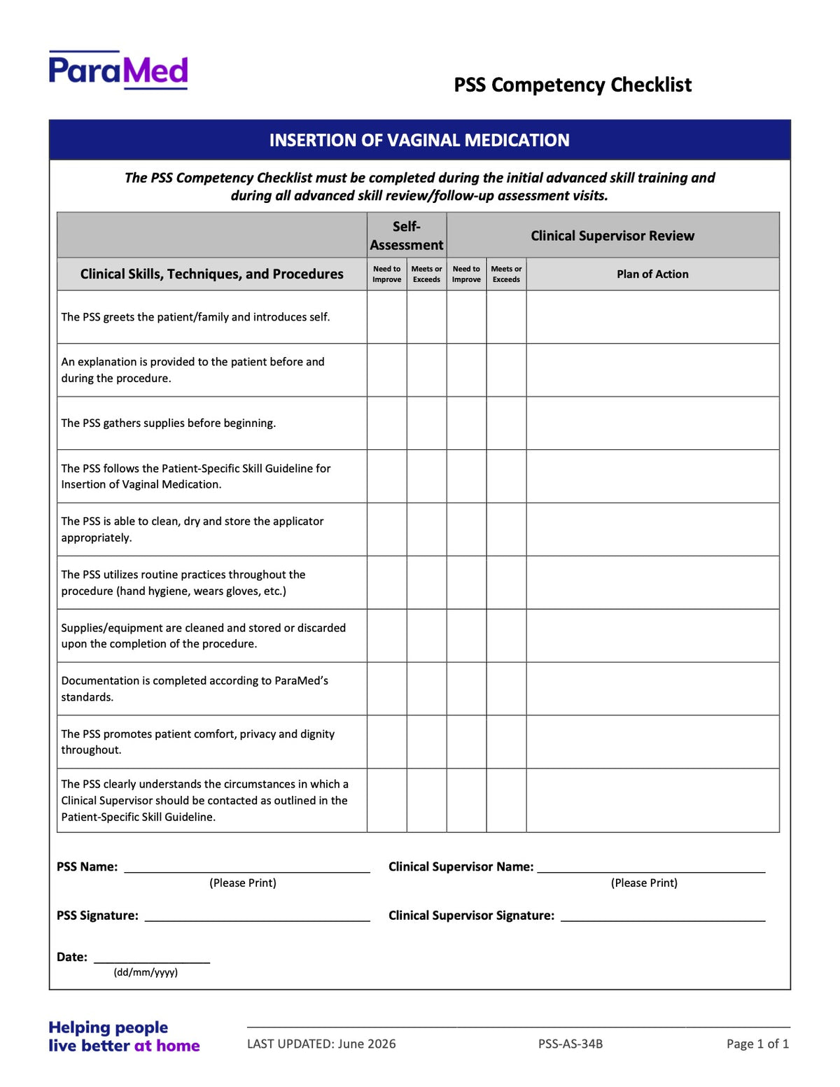 Insertion of Vaginal Medication (Competency Checklist) - page 1
