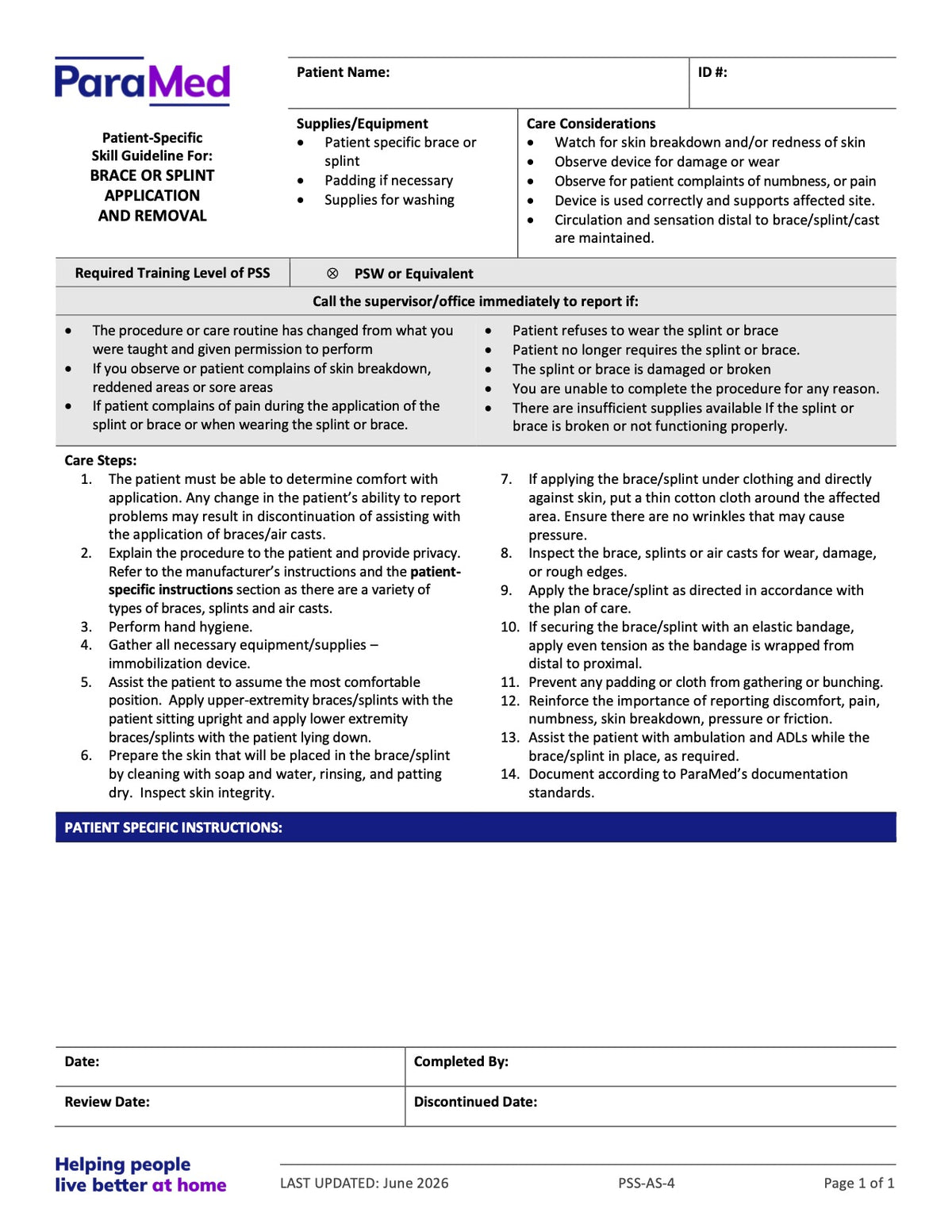 Brace or Splint Application and Removal (Skill Guideline) - page 1