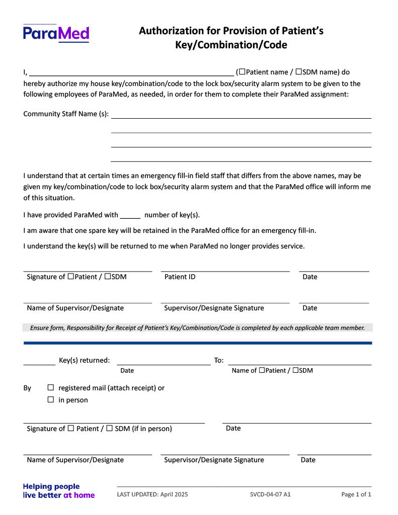 Authorization for Provision of Patient’s Key/Combination/Code