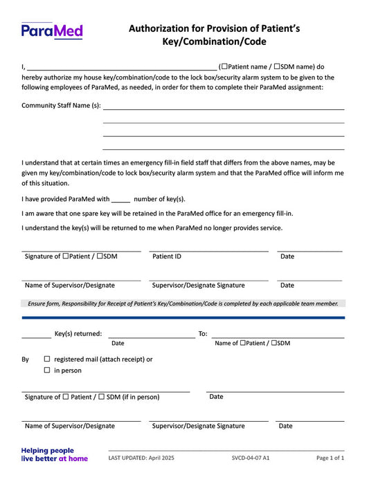 Authorization for Provision of Patient’s Key/Combination/Code