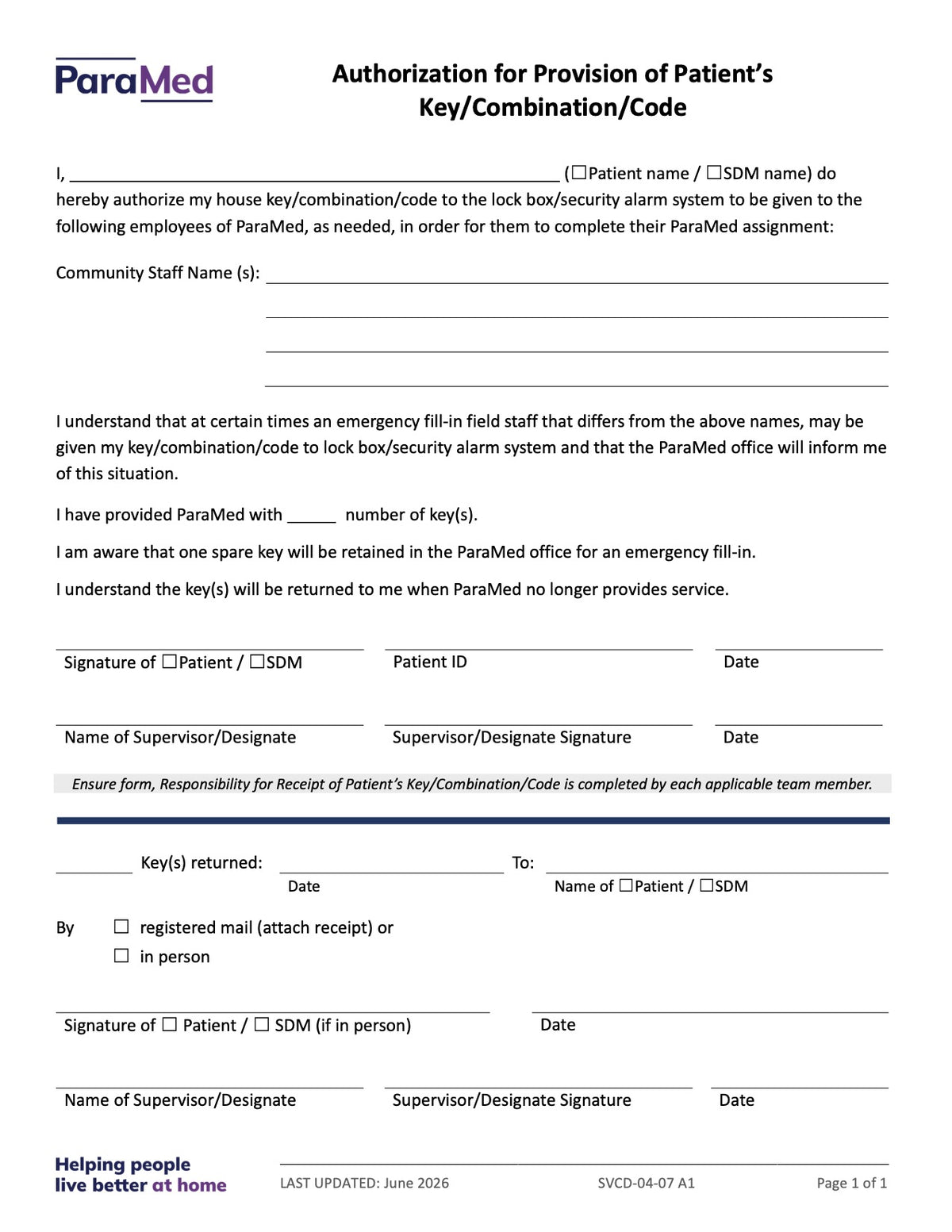 Authorization for Provision of Patient’s Key/Combination/Code - page 1