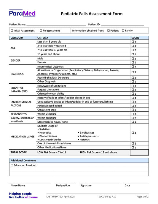 Pediatric Falls Assessment Form