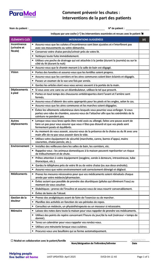 How to Prevent Falls Patient Interventions (French)