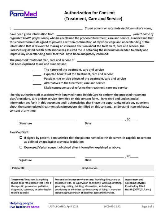 Authorization for Consent (Treatment, Care and Service)