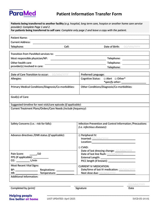Patient Information Transfer Form