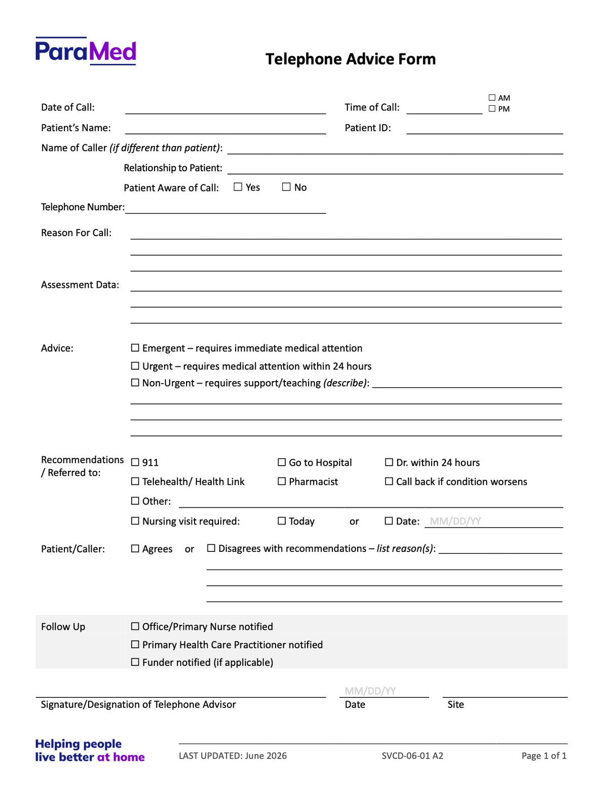 Telephone Advice Form