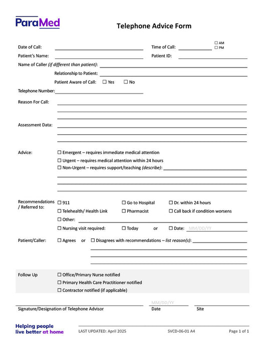 Telephone Advice Form