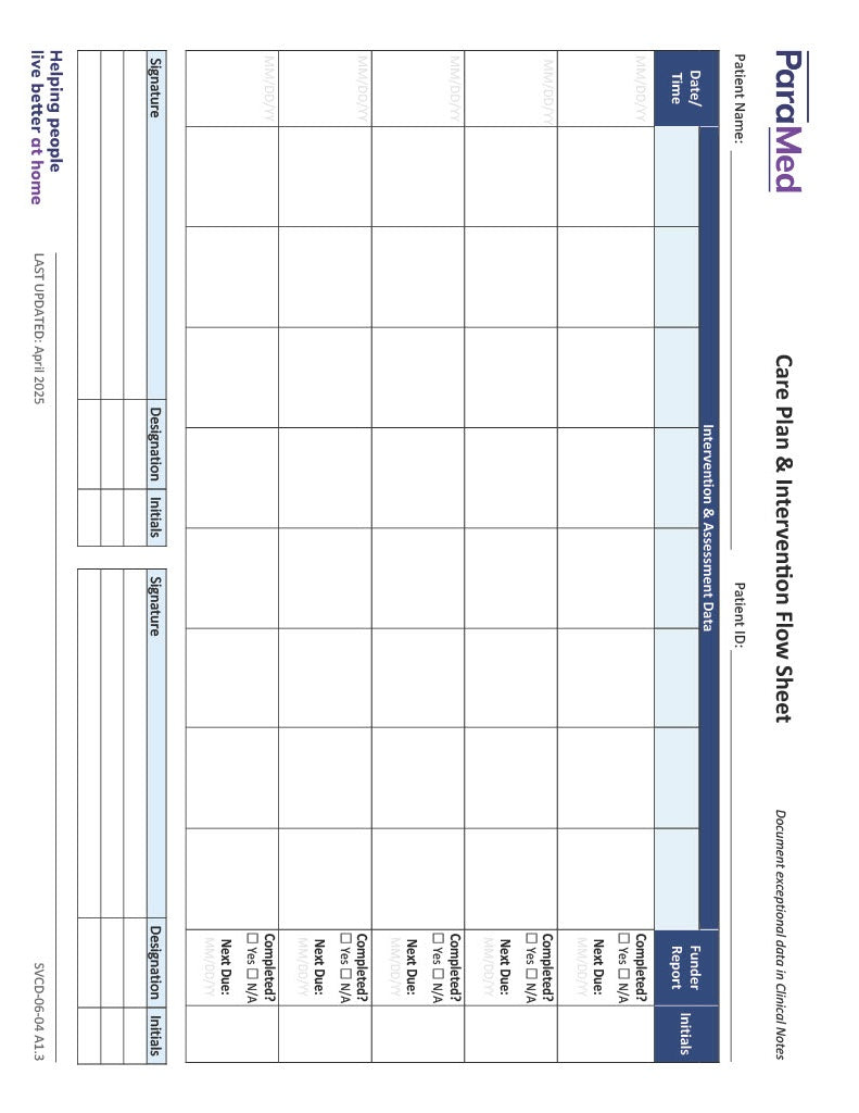 Care Plan and Intervention Flow Sheet
