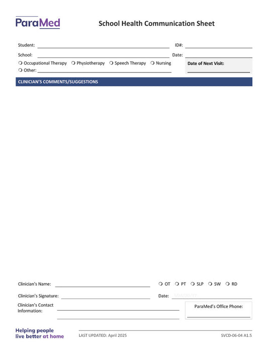 School Health Communication Sheet