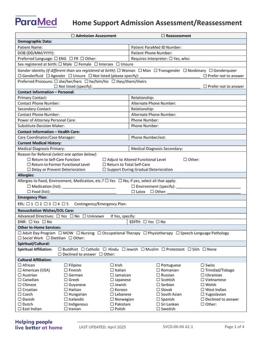 Home Support Admission Assessment/Reassessment