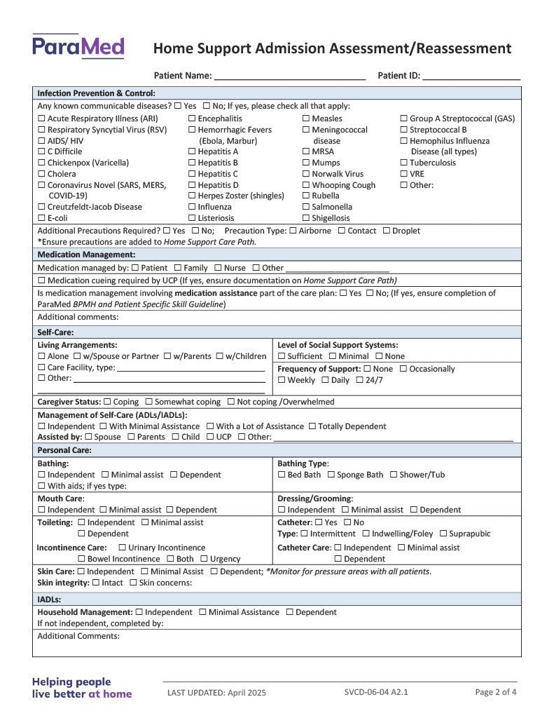 Home Support Admission Assessment/Reassessment