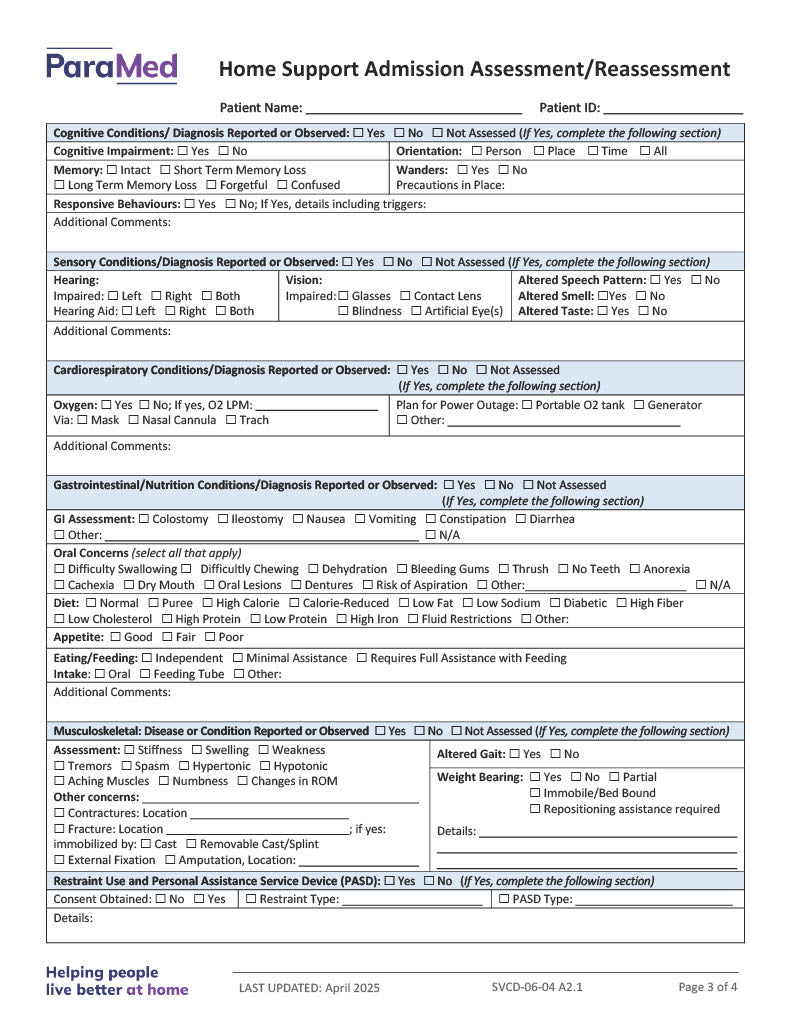Home Support Admission Assessment/Reassessment