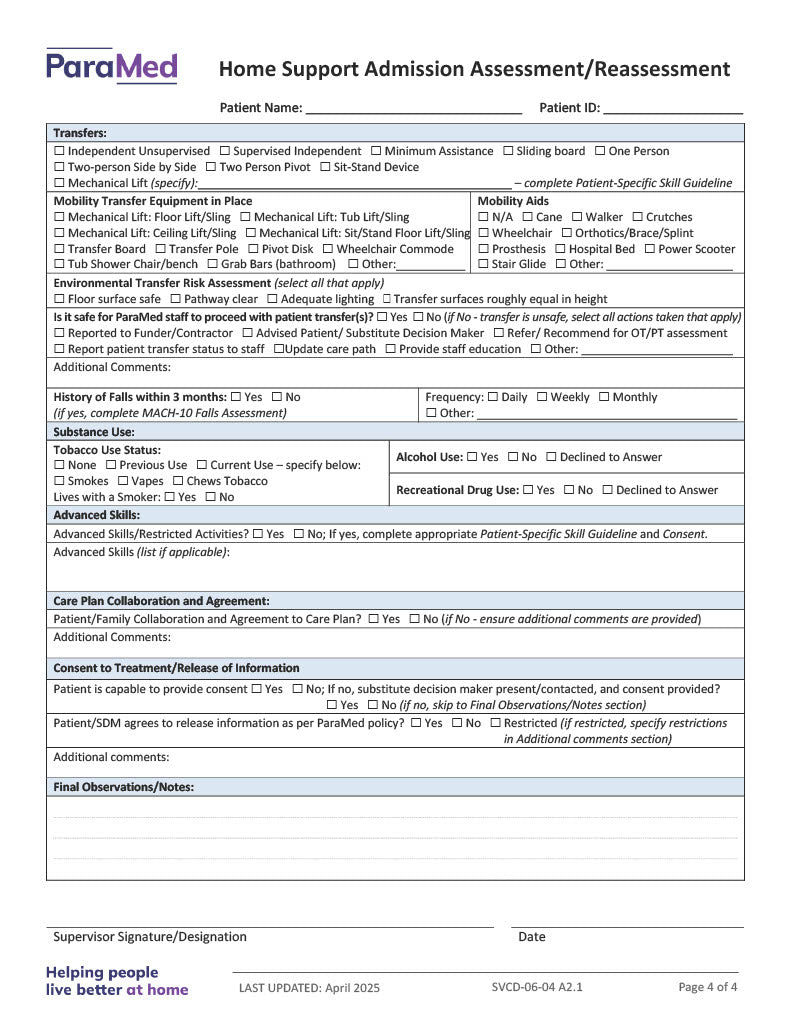Home Support Admission Assessment/Reassessment