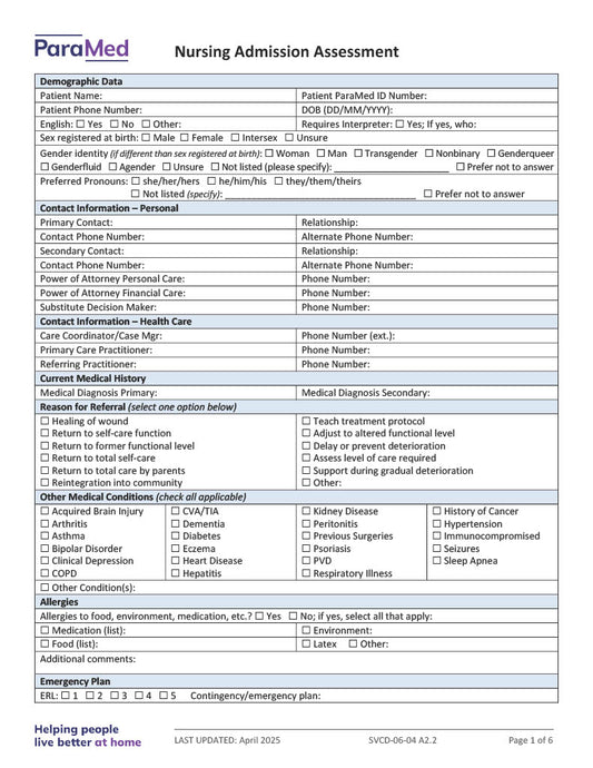 Nursing Admission Assessment