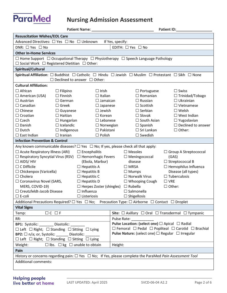Nursing Admission Assessment