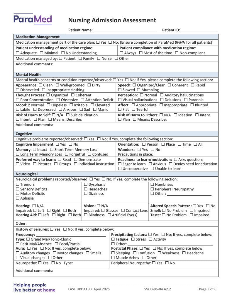 Nursing Admission Assessment